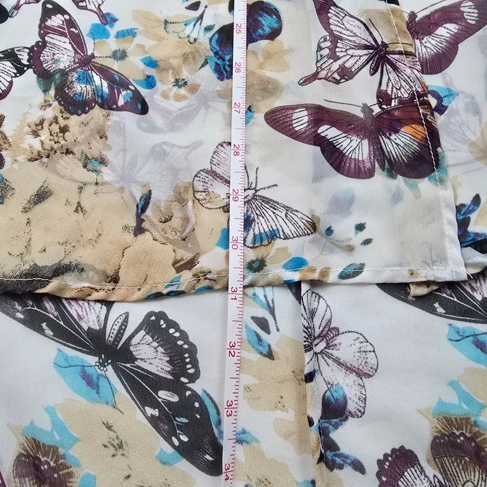 Butterfly Floral Sheer Kimono Duster Swimsuit Cover Up High Low Hem Medium